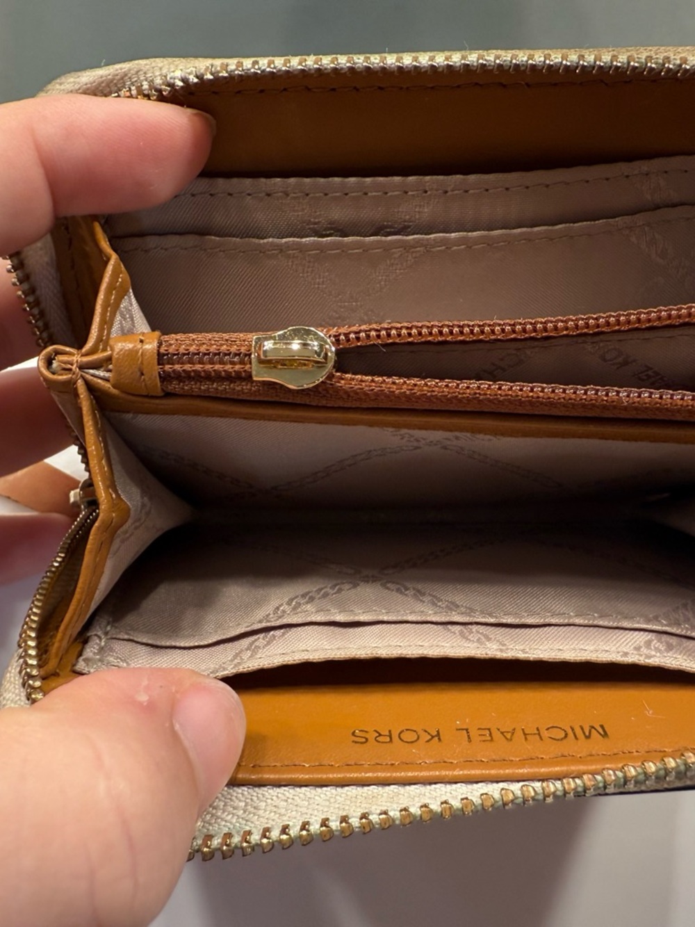Michael Kors Beige Monogram Zip-Around Wallet with Brown Trim - Picture 6 of 7